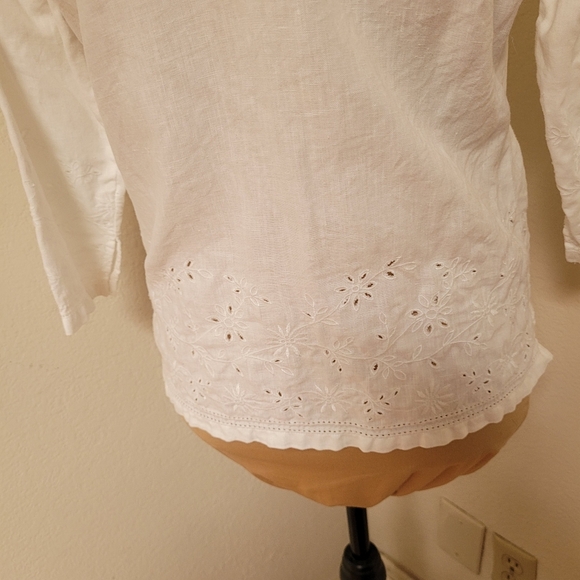 Charter Club White Linen Blouse Eyelet at Hem and 3/4 Sleeves - Picture 8 of 8